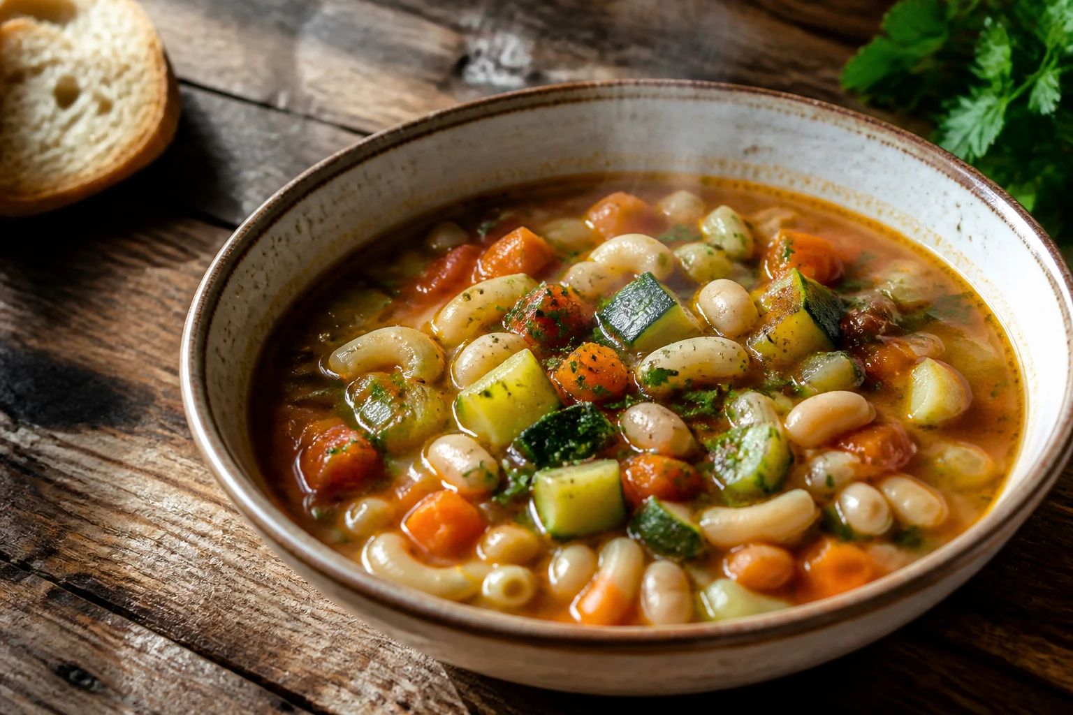 Bol de minestrone traditionnel avec légumes de saison, haricots cannellini et pâtes courtes, filet d'huile d'olive
