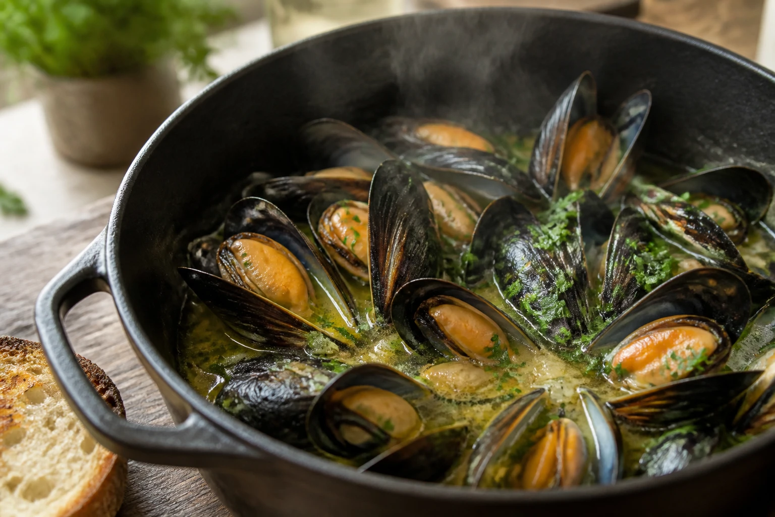 Casserole de moules marinières façon grand-mère au vin blanc et beurre, persil ciselé, sur une table en bois rustique