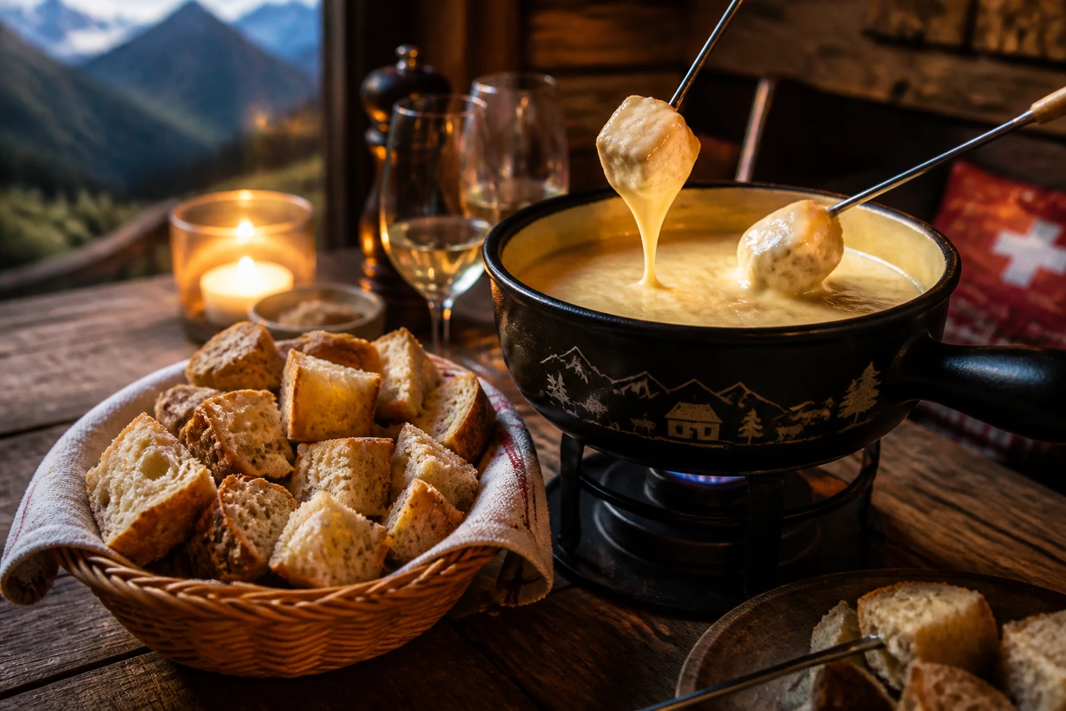 Panier de cubes de pain de campagne et pain aux céréales posé à côté d'un caquelon de fondue savoyarde