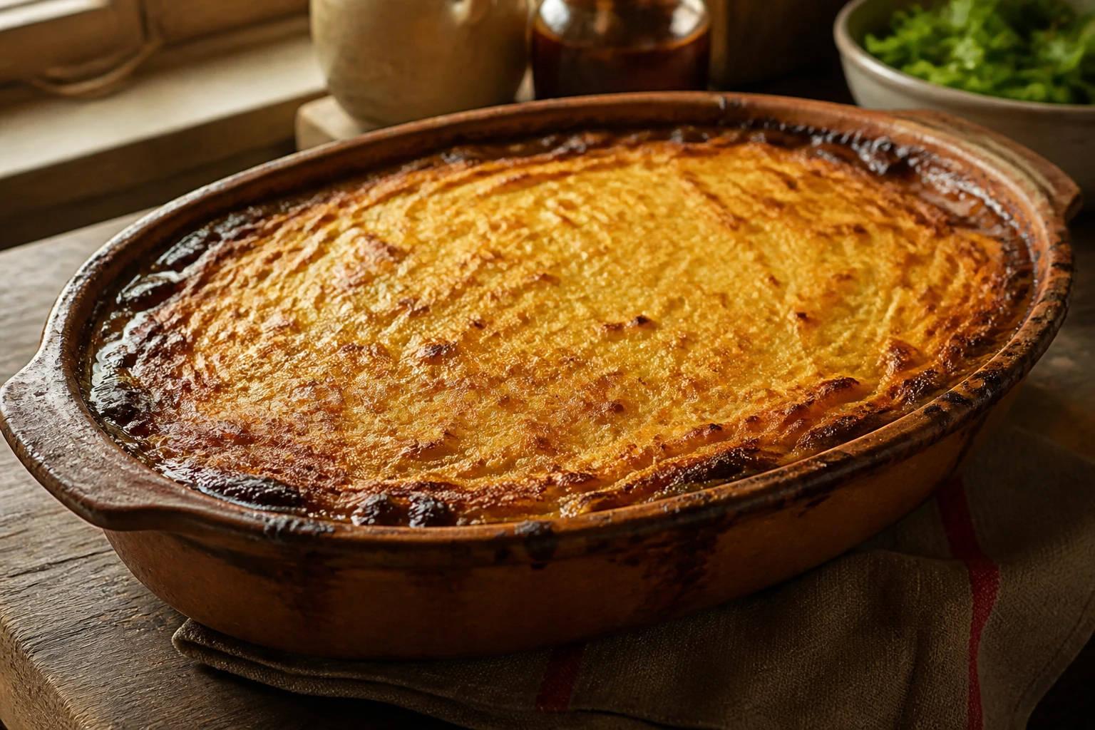 Parmentier de canard grand-mère gratiné dans un plat en terre cuite, surface dorée sortant du four