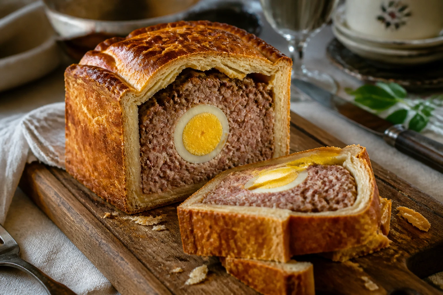 Pâté de Pâques traditionnel tranché montrant la farce et les œufs durs au centre