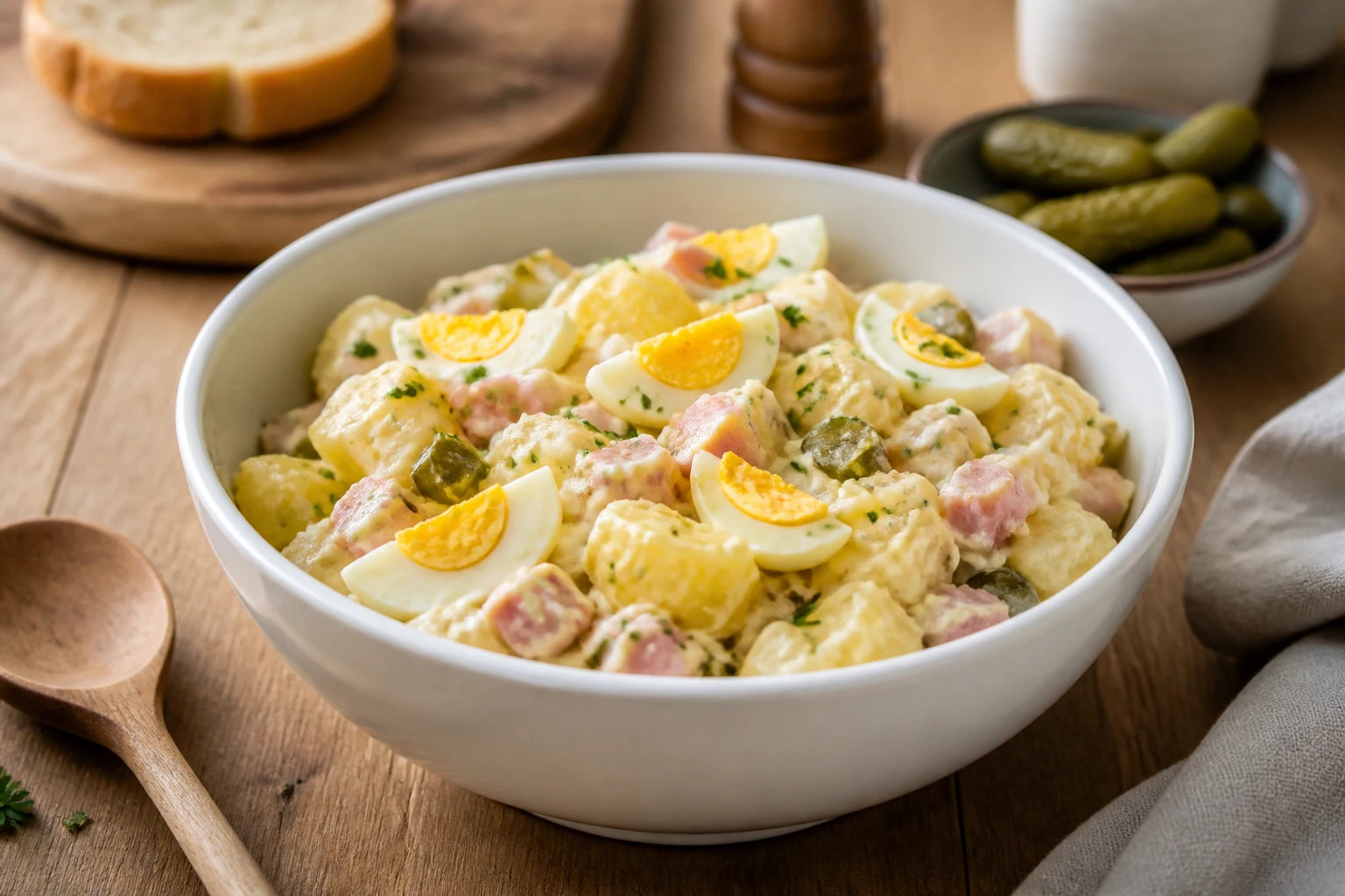 Salade piémontaise fraîche dans un saladier avec pommes de terre, œufs durs et mayonnaise