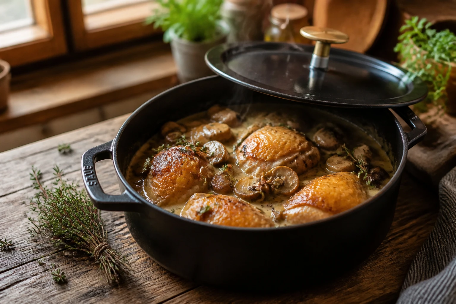 Cocotte de poulet à la crème façon grand-mère avec champignons, sauce onctueuse et thym frais
