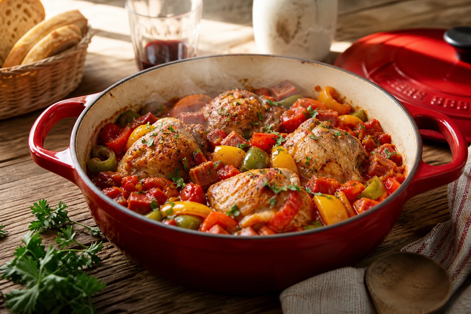 Poulet basquaise mijoté en cocotte avec poivrons, tomates et jambon de Bayonne