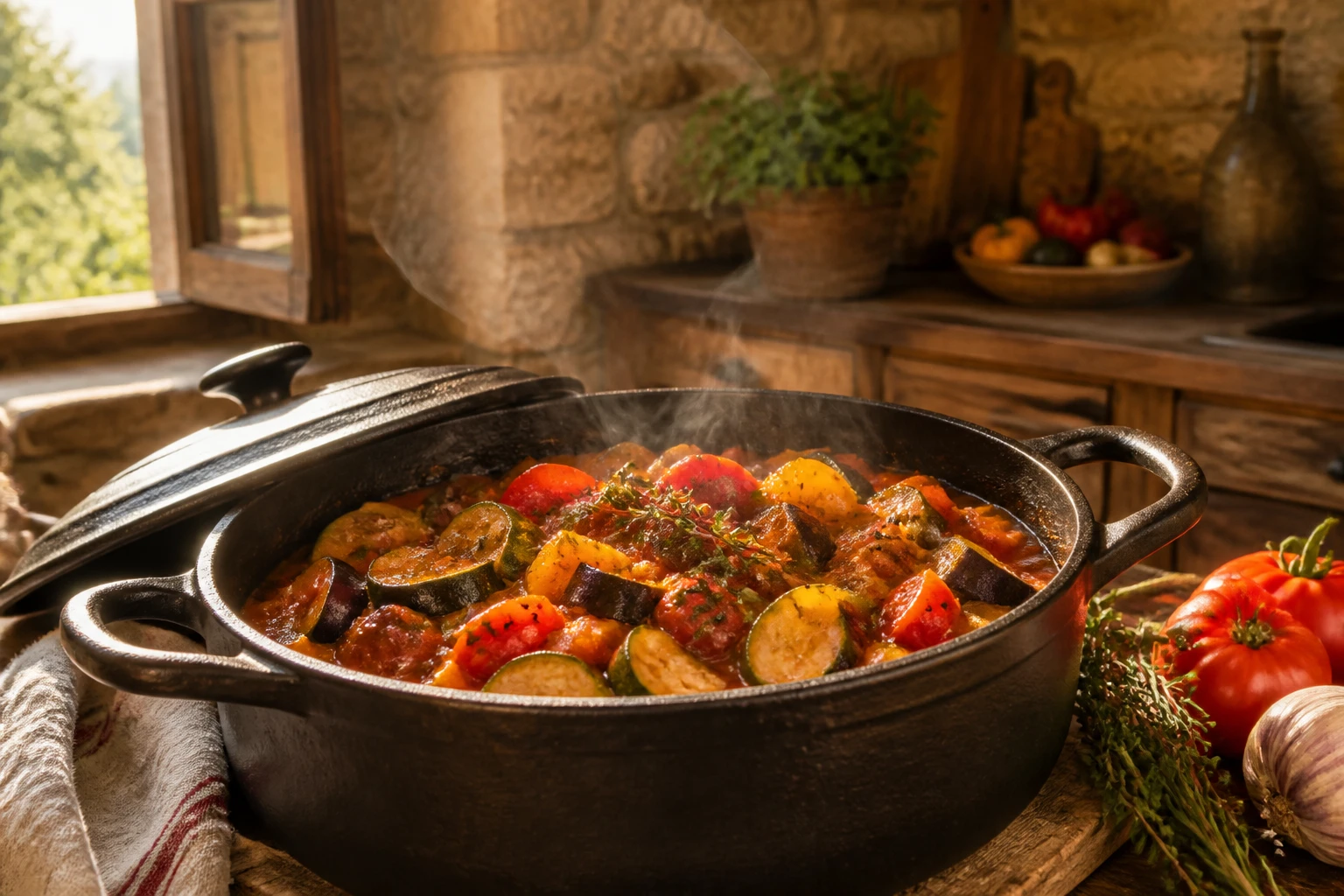 Cocotte en fonte de ratatouille grand-mère mijotée avec courgettes, aubergines, tomates et poivrons fondants