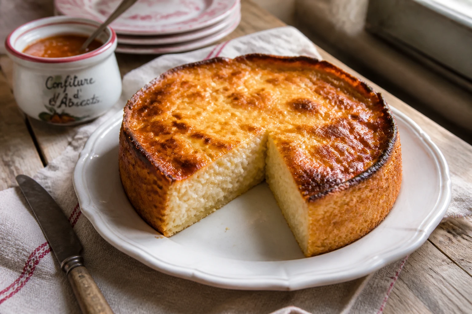 Gâteau de riz façon grand-mère avec une croûte dorée, servi sur une assiette en céramique blanche
