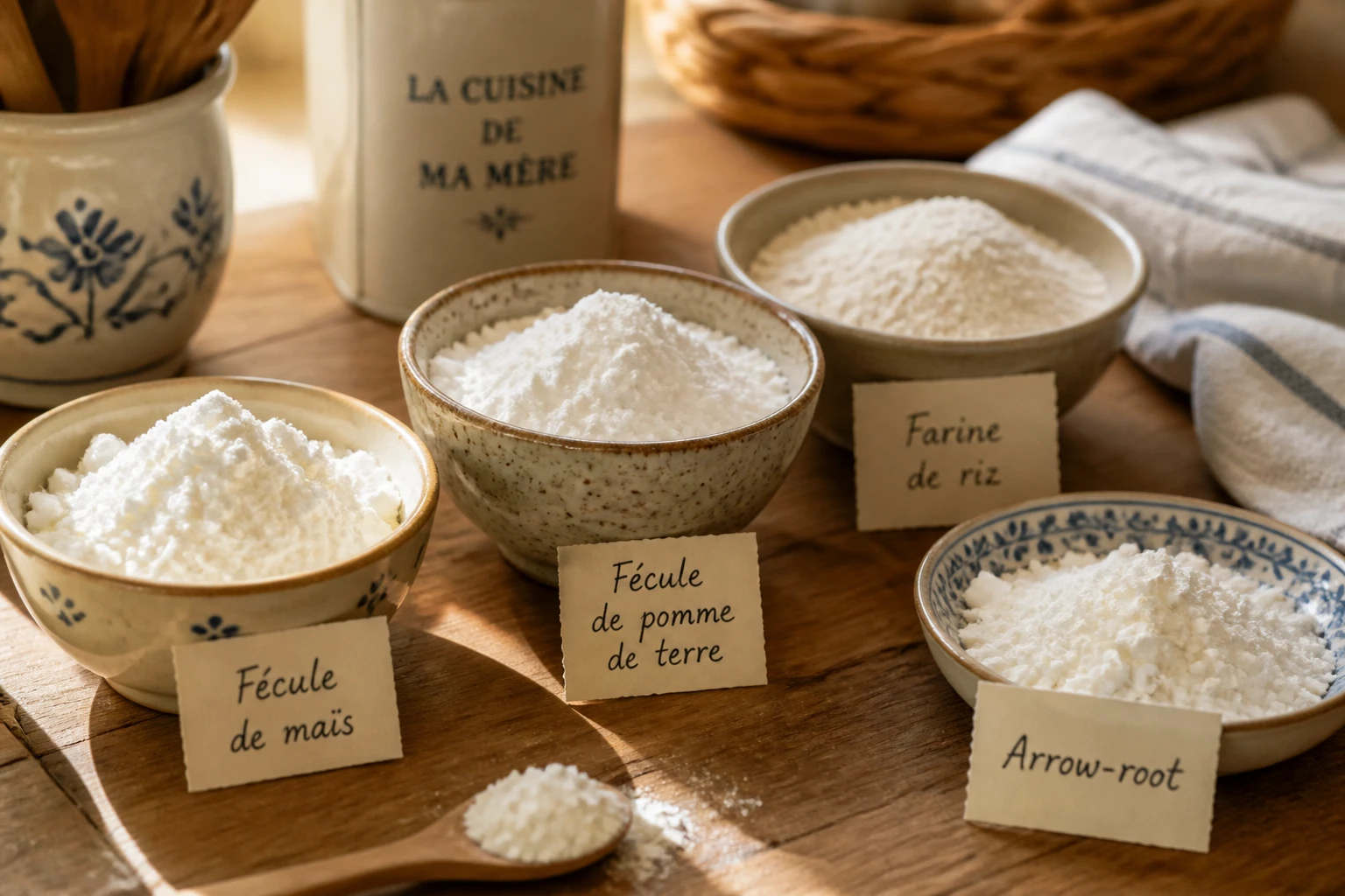 Différents substituts à la fécule de maïs disposés dans des bols en céramique sur un plan de travail en bois