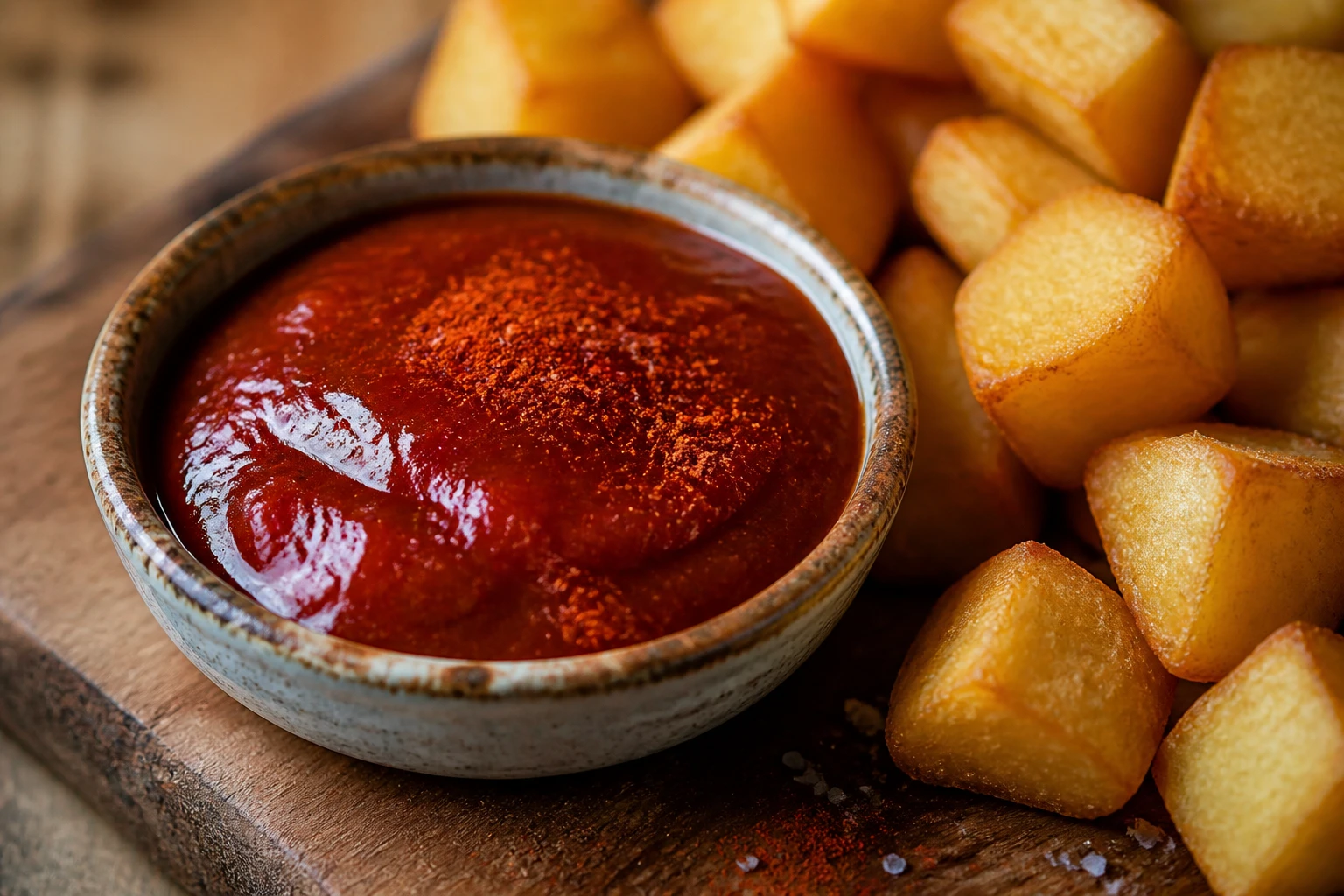 Sauce patatas bravas rouge fumée dans un bol en céramique, posée à côté de cubes de pommes de terre croustillants dorés