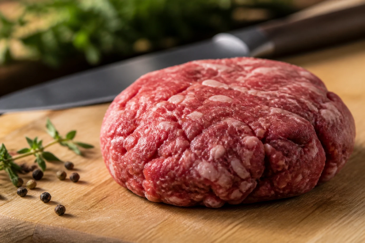 Steak haché de bœuf maison cru, texture grossière, posé sur planche en bois avant cuisson