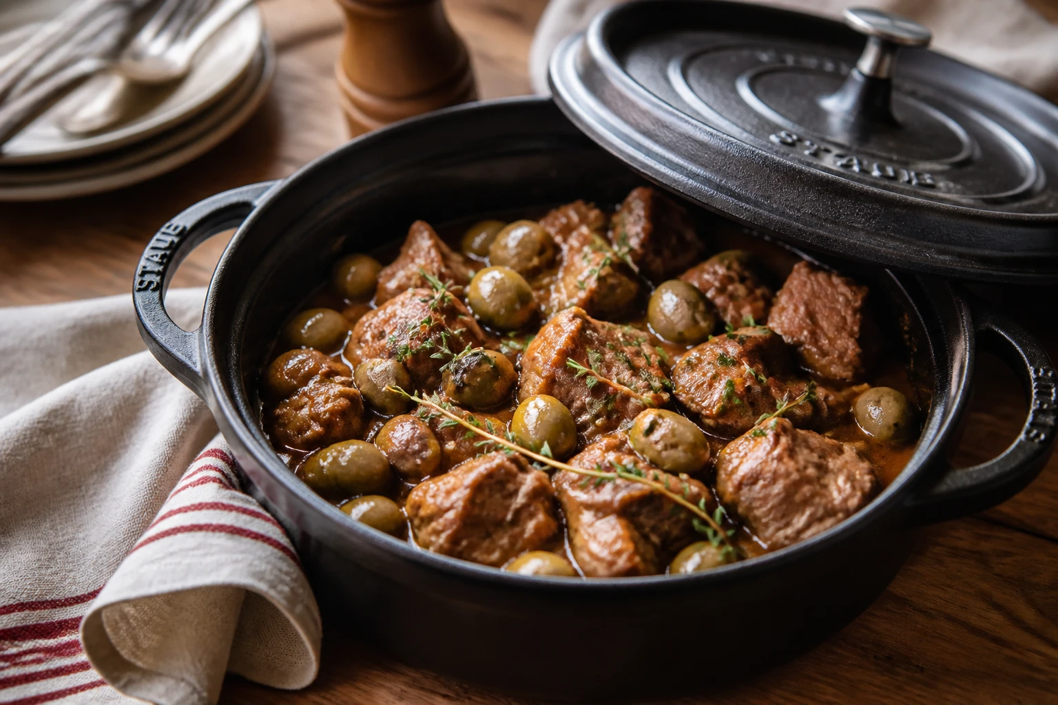 Cocotte en fonte de veau aux olives vertes mijoté, sauce brillante, sur table en bois