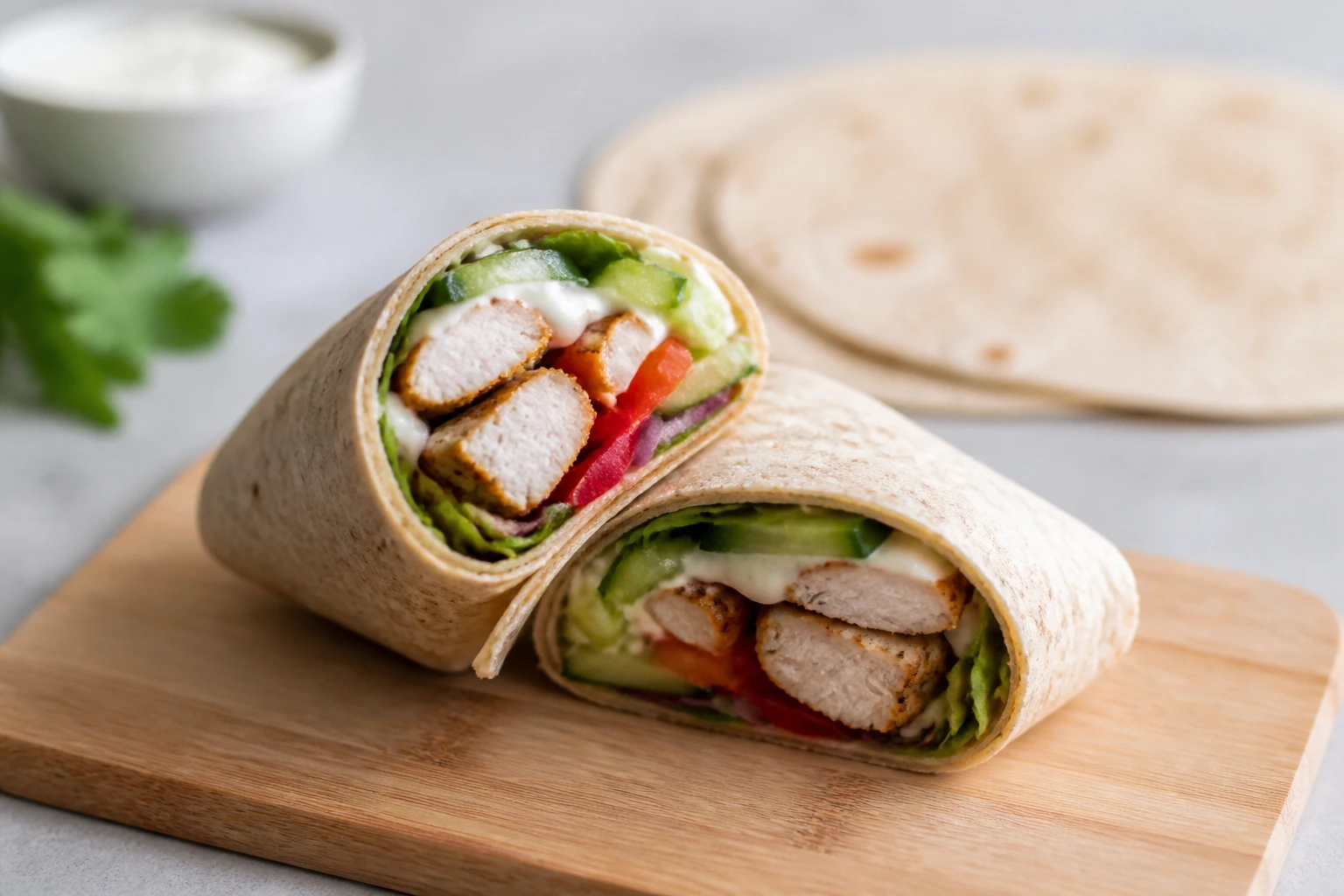 Wrap poulet healthy coupé en deux avec poulet grillé, légumes frais et sauce au yaourt grec sur planche en bois