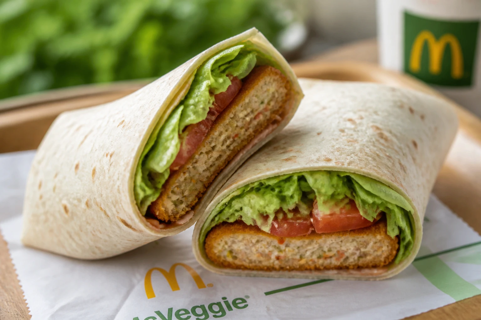 Wrap veggie McDo coupé en deux montrant la garniture de légumes et la tortilla