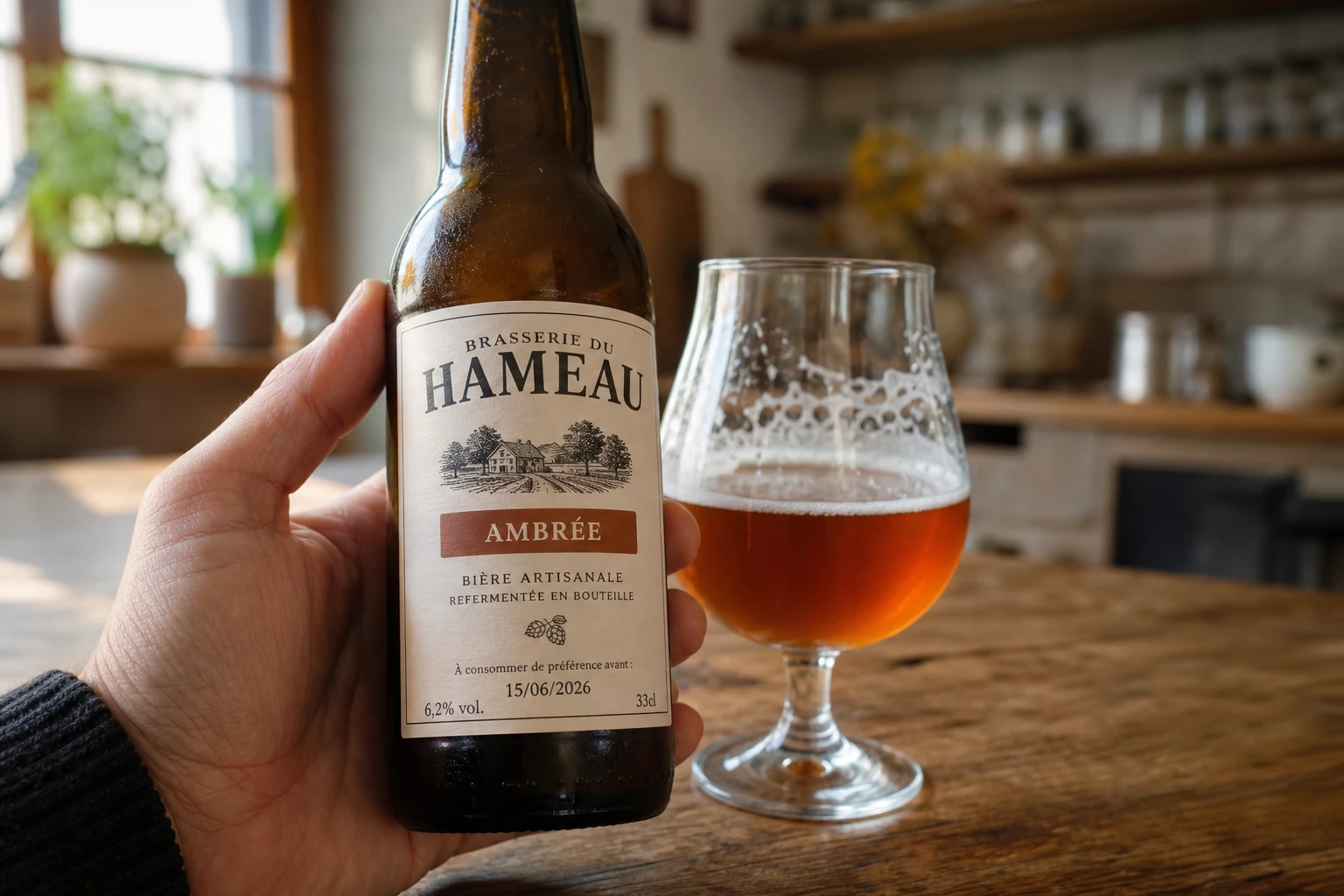 Bouteille de bière avec étiquette DDM visible et verre de bière à côté sur une table en bois