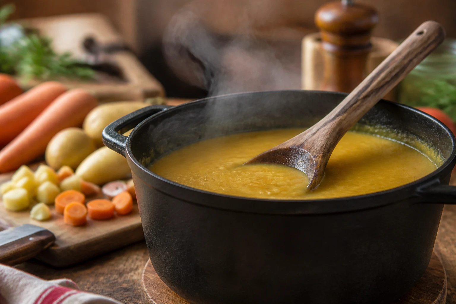Casserole de soupe de légumes épaisse et fumante avec une louche en bois sur un plan de travail