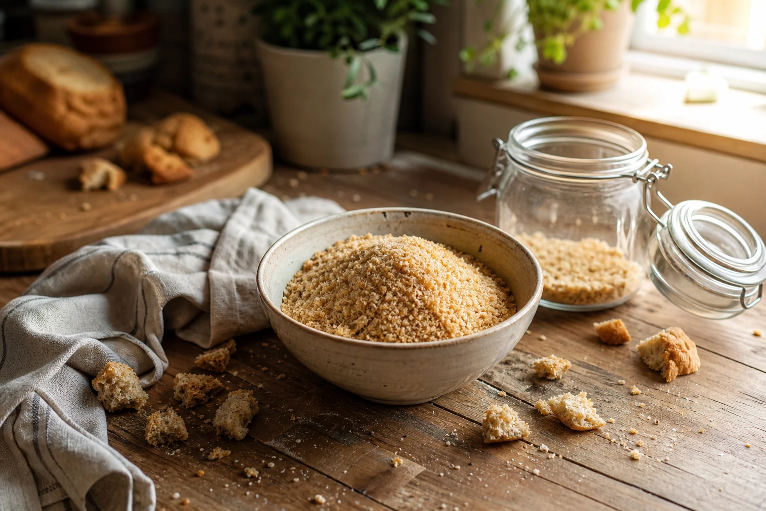 Bol de chapelure maison dorée sur un plan de travail en bois avec morceaux de pain sec et bocal en verre