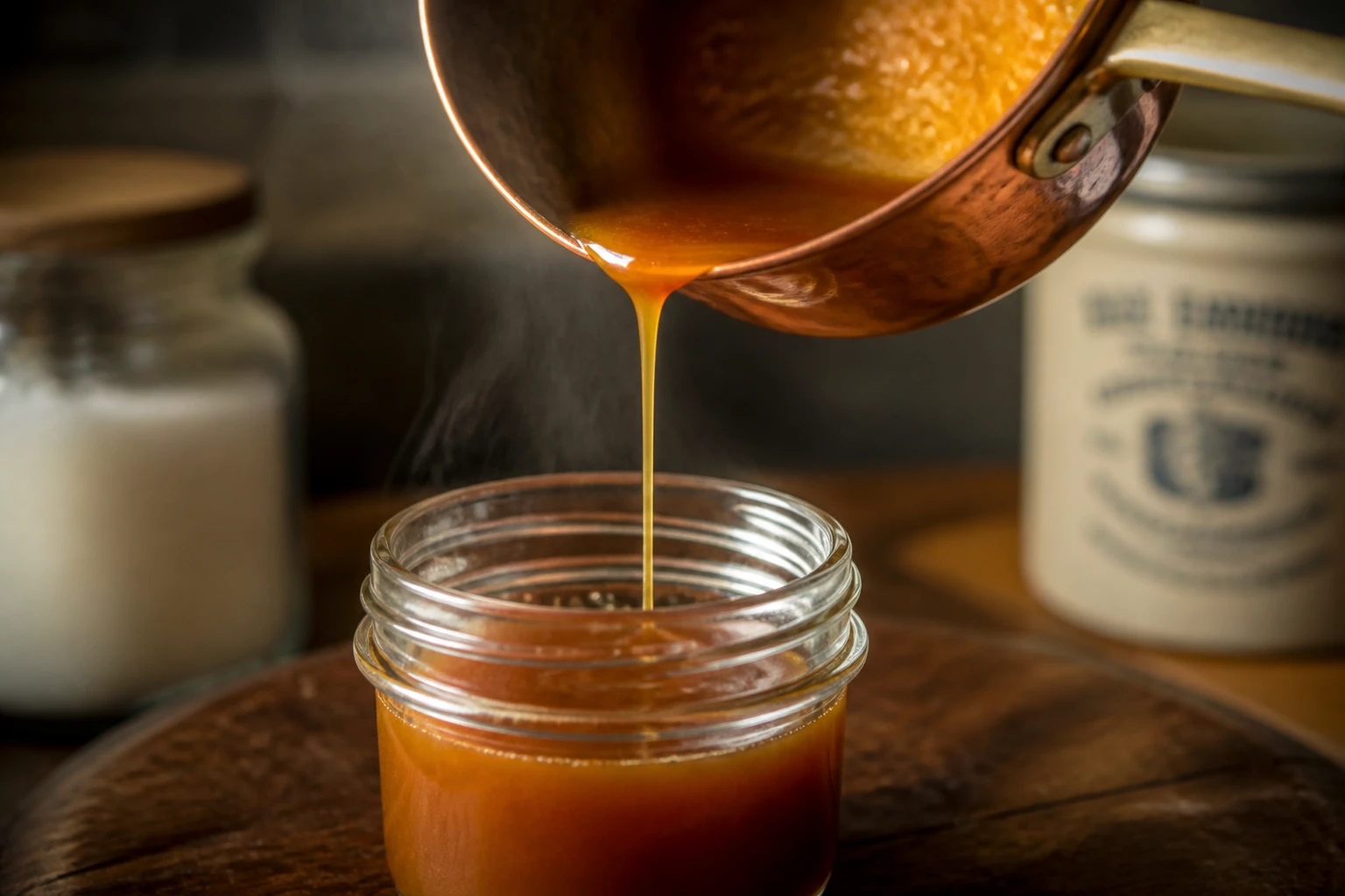 Caramel liquide doré coulant d'une casserole en cuivre dans un bocal en verre