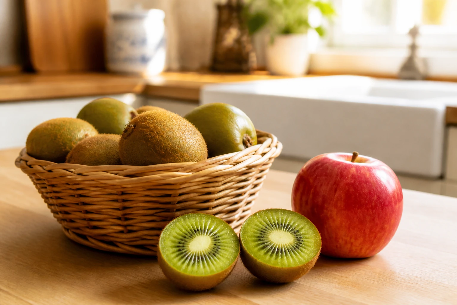 Kiwis mûrissant dans une corbeille en osier avec un kiwi coupé montrant sa chair verte