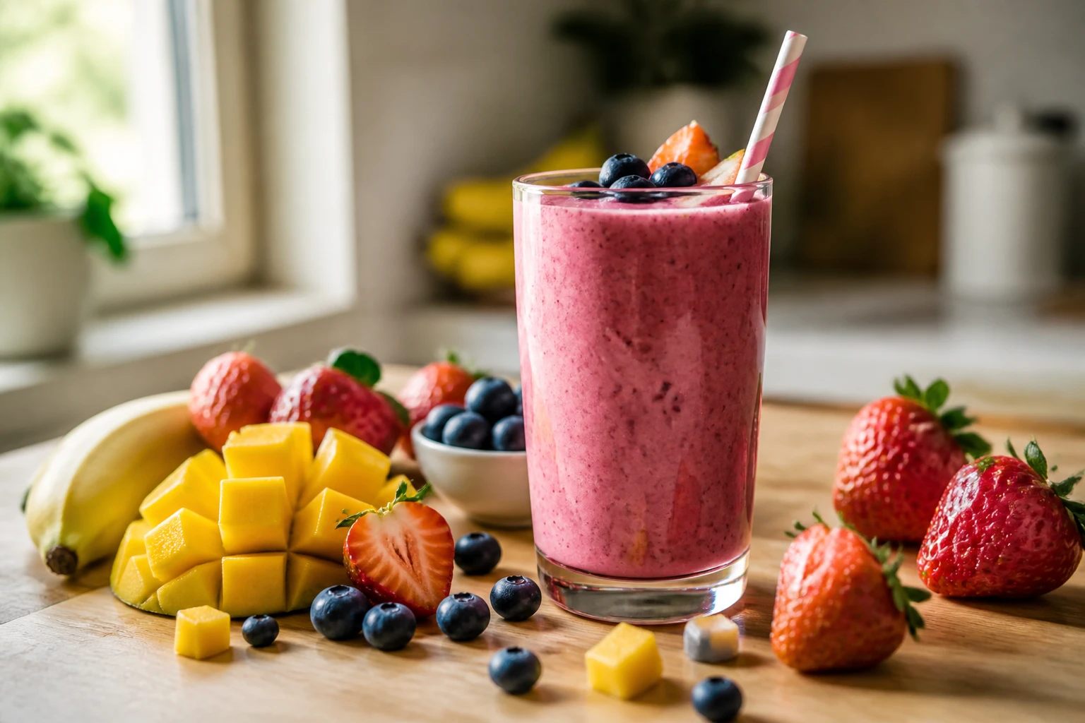 Verre de smoothie aux fruits rouges et à la banane entouré de fruits frais sur un plan de travail en bois
