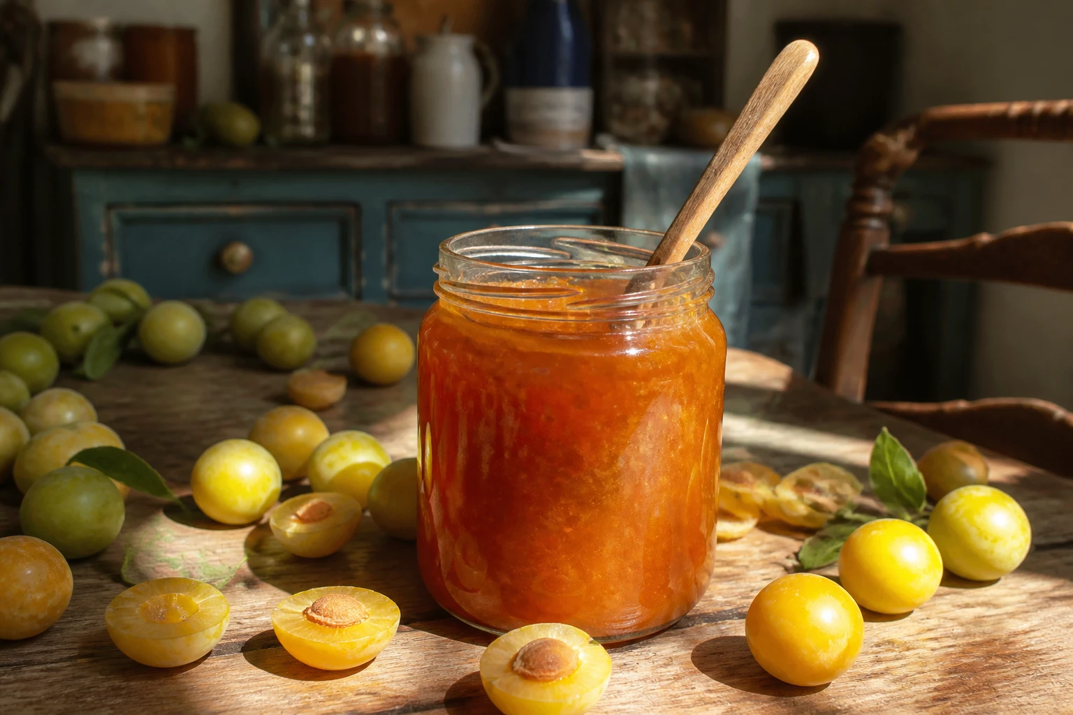 Pot de confiture de mirabelles maison entouré de mirabelles fraîches sur une table en bois