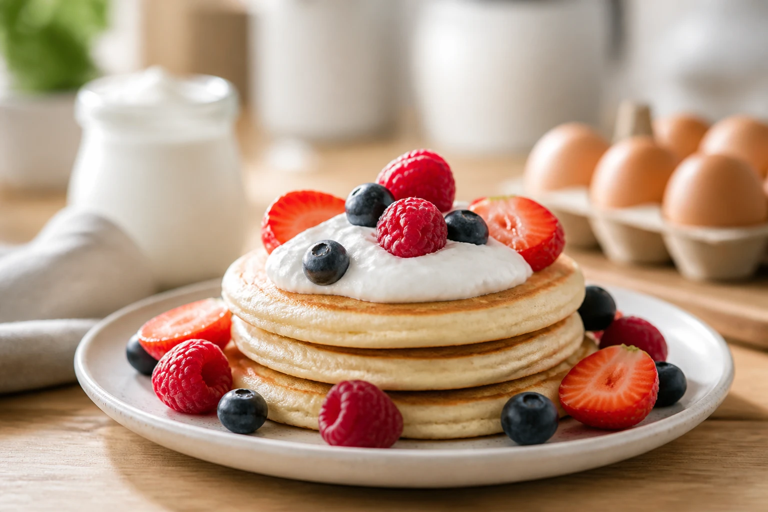 Crêpes protéinées sans whey garnies de fruits rouges et de skyr sur assiette en céramique