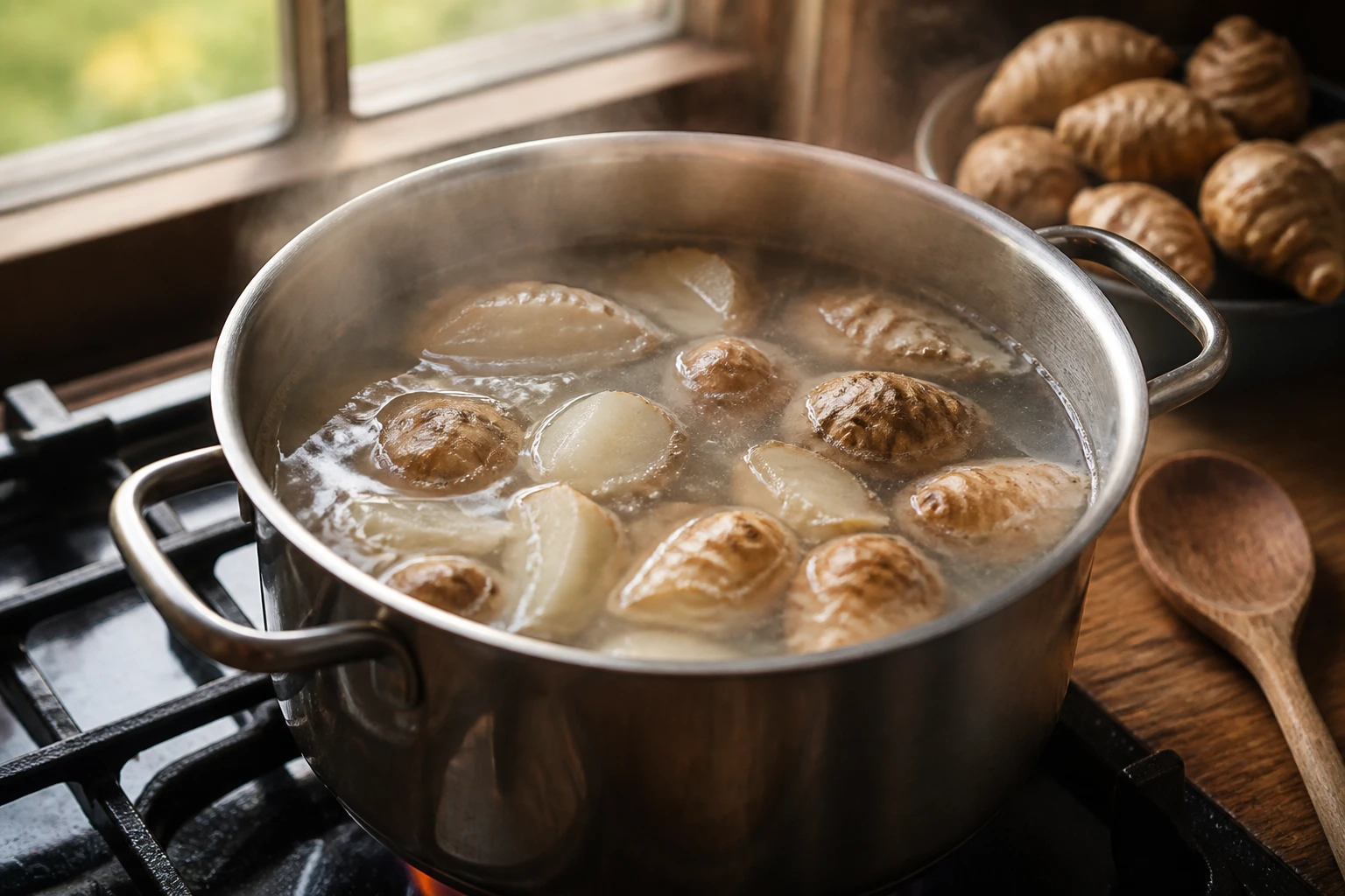 Topinambours coupés en morceaux cuisant dans une casserole d'eau bouillante sur une cuisinière
