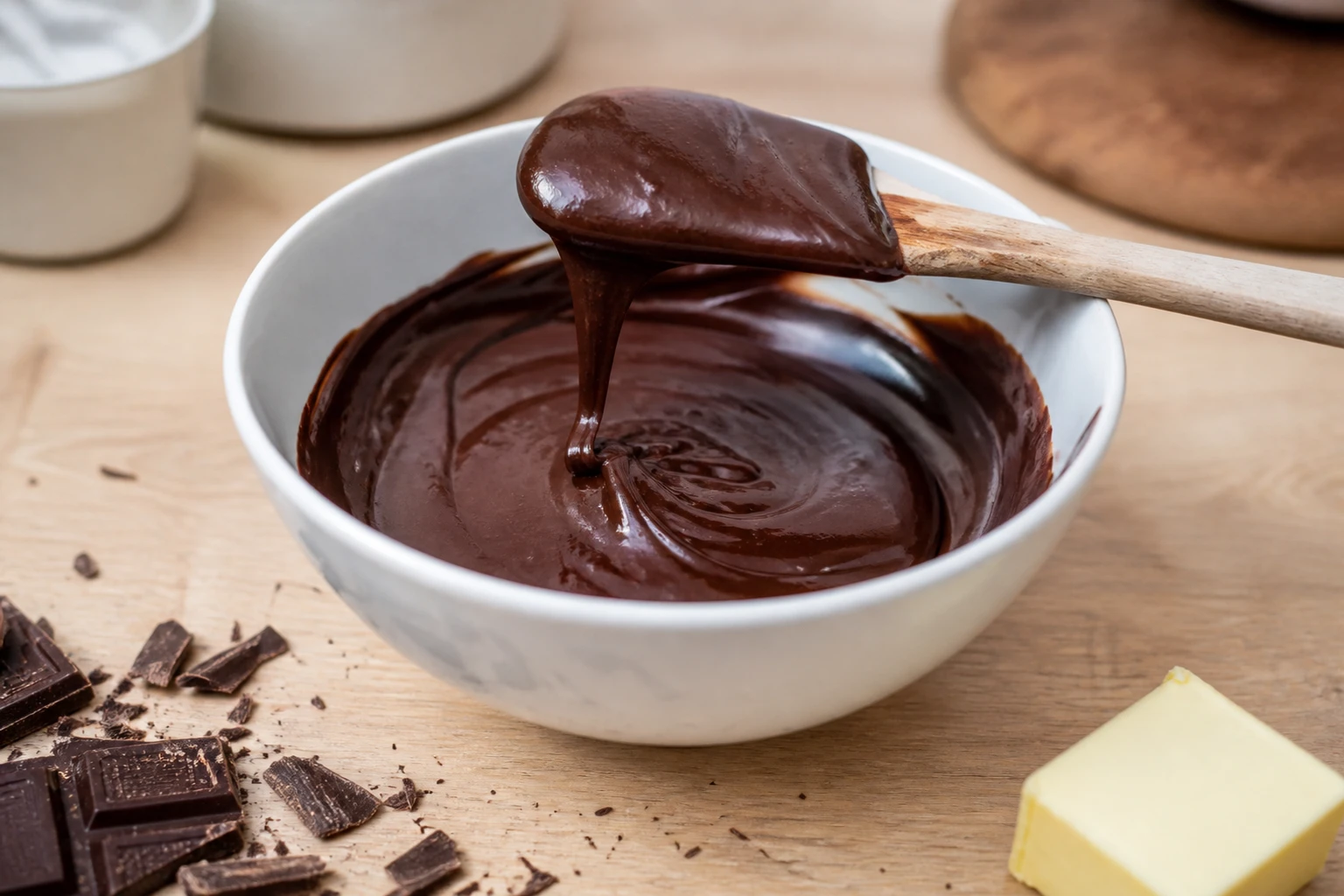 Ganache au chocolat brillante dans un saladier en céramique avec spatule en bois et copeaux de chocolat