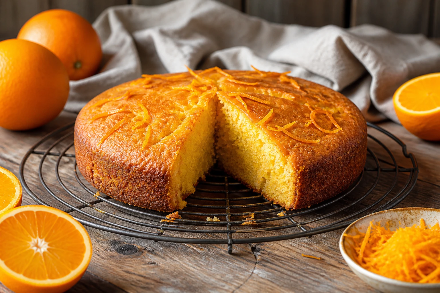 Gâteau à l'orange moelleux tranché sur une grille, entouré d'oranges fraîches et de zeste, recette de grand-mère