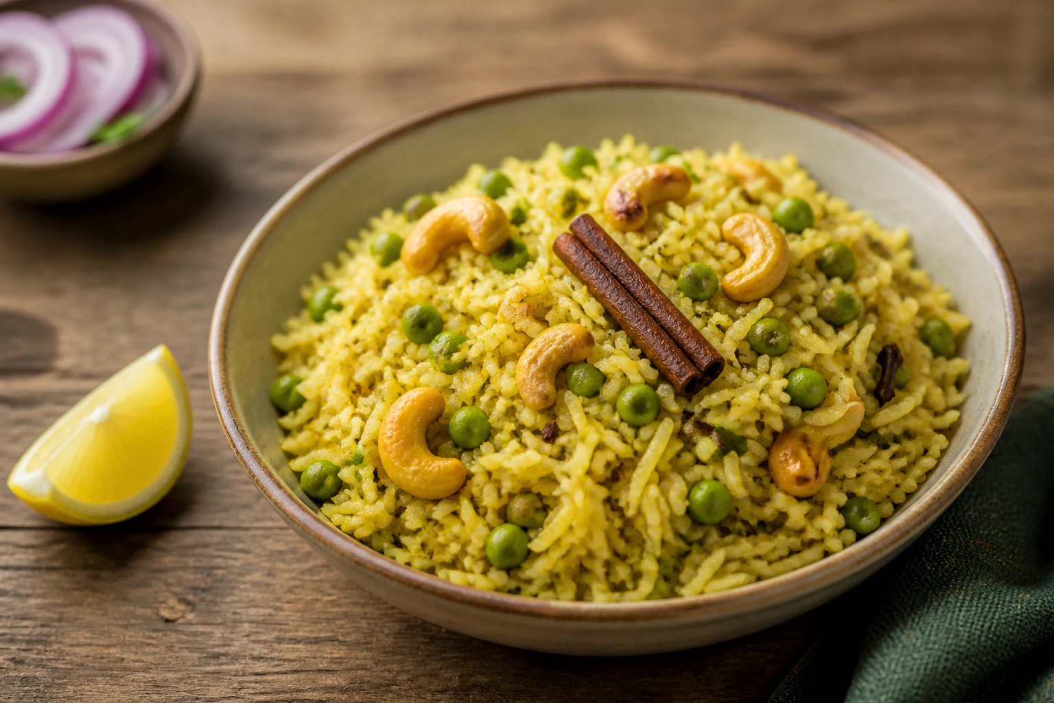 Bol de matar pulao, riz basmati aux petits pois et épices entières, servi sur table en bois