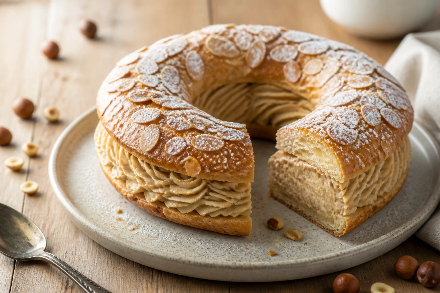 Paris-Brest revisité coupé en deux, crème mousseline pralinée visible, amandes effilées sur la couronne dorée
