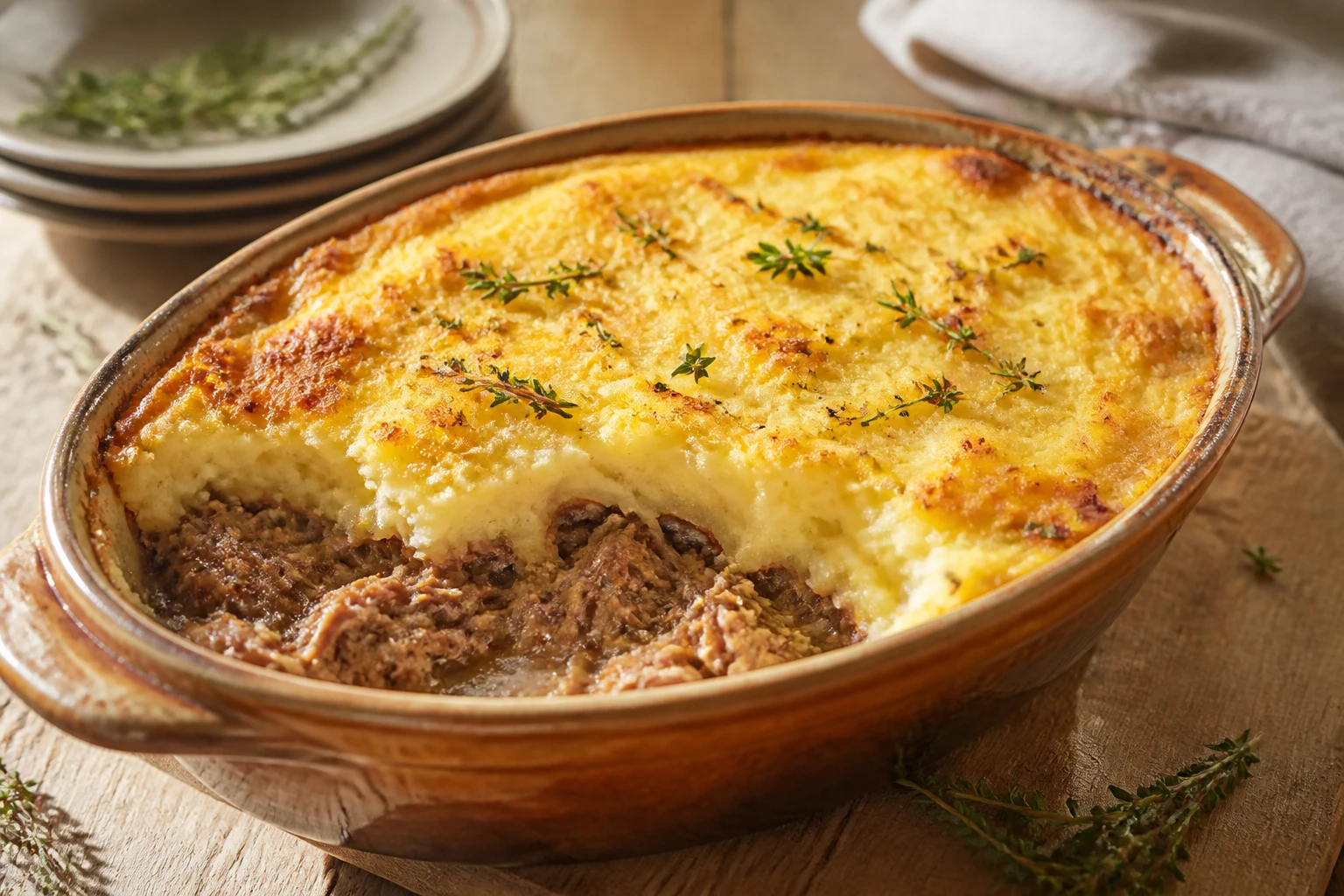 Parmentier de canard gratiné à la purée dorée, coupe montrant la viande effilochée fondante