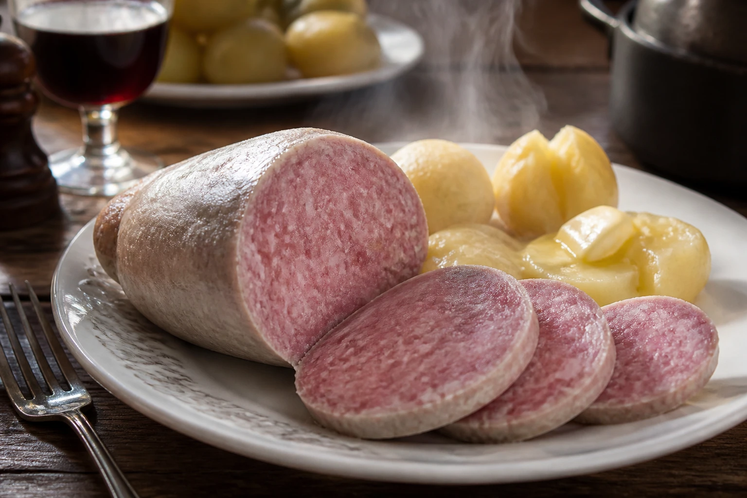 Saucisson à cuire tranché servi avec des pommes de terre vapeur et une noisette de beurre fondu