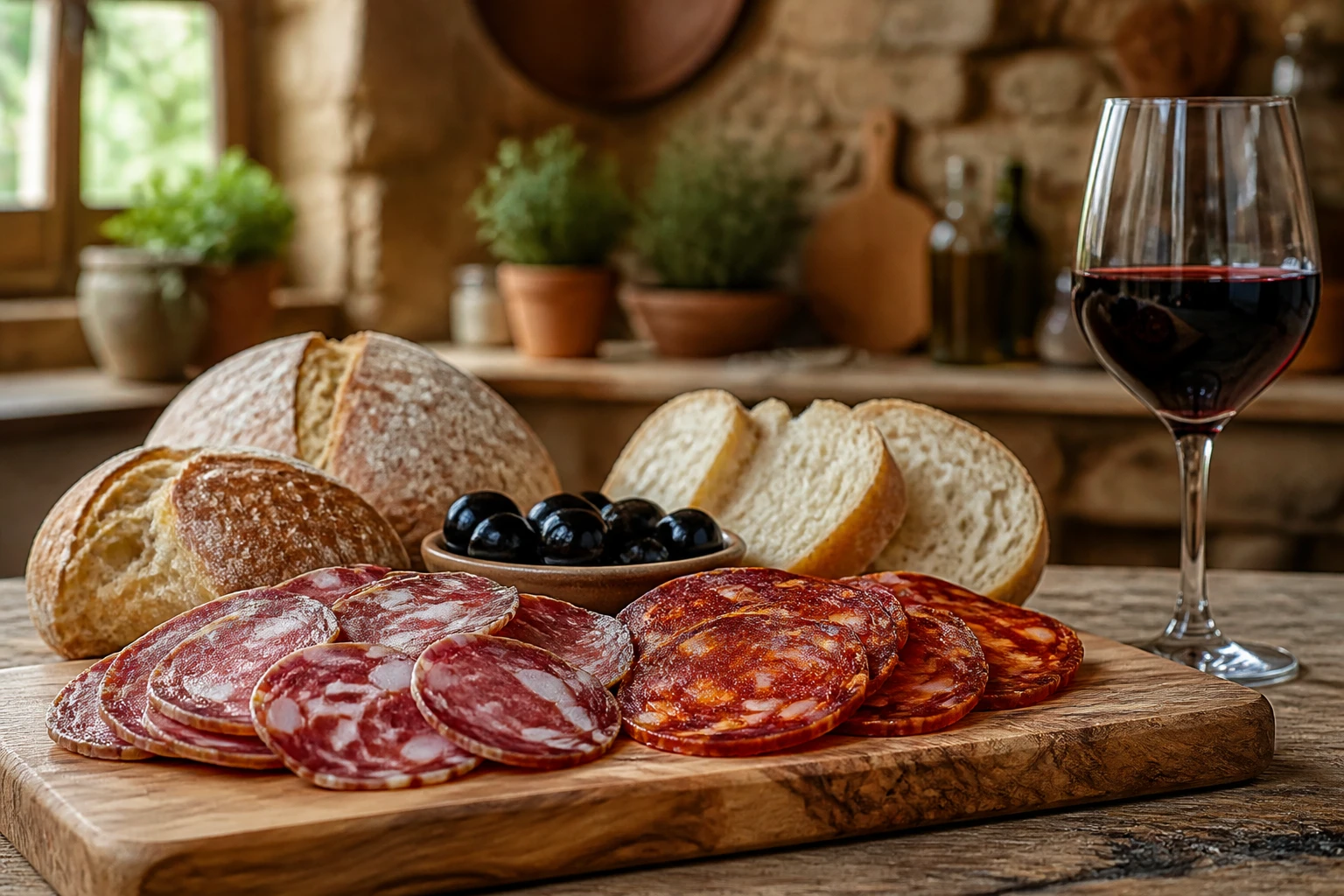 Planche de saucisson portugais salpicão et chouriço tranchés avec pain et vin rouge