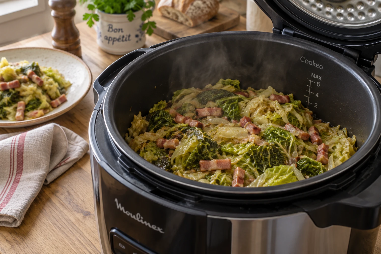Chou vert braisé aux lardons servi dans une assiette en céramique, avec la cuve du Cookeo en arrière-plan