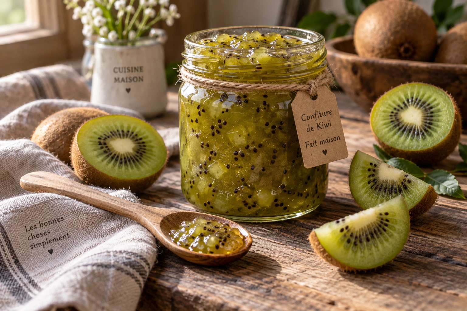 Bocal de confiture de kiwi maison avec kiwis coupés sur une table en bois rustique