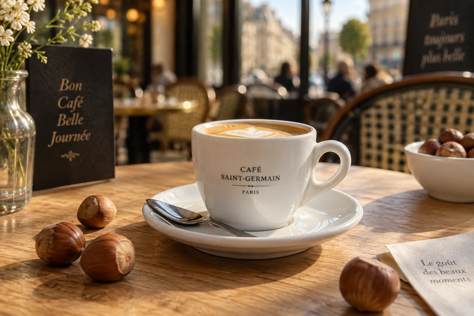 Petite tasse de café noisette avec mousse de lait, posée sur une table en bois entourée de noisettes