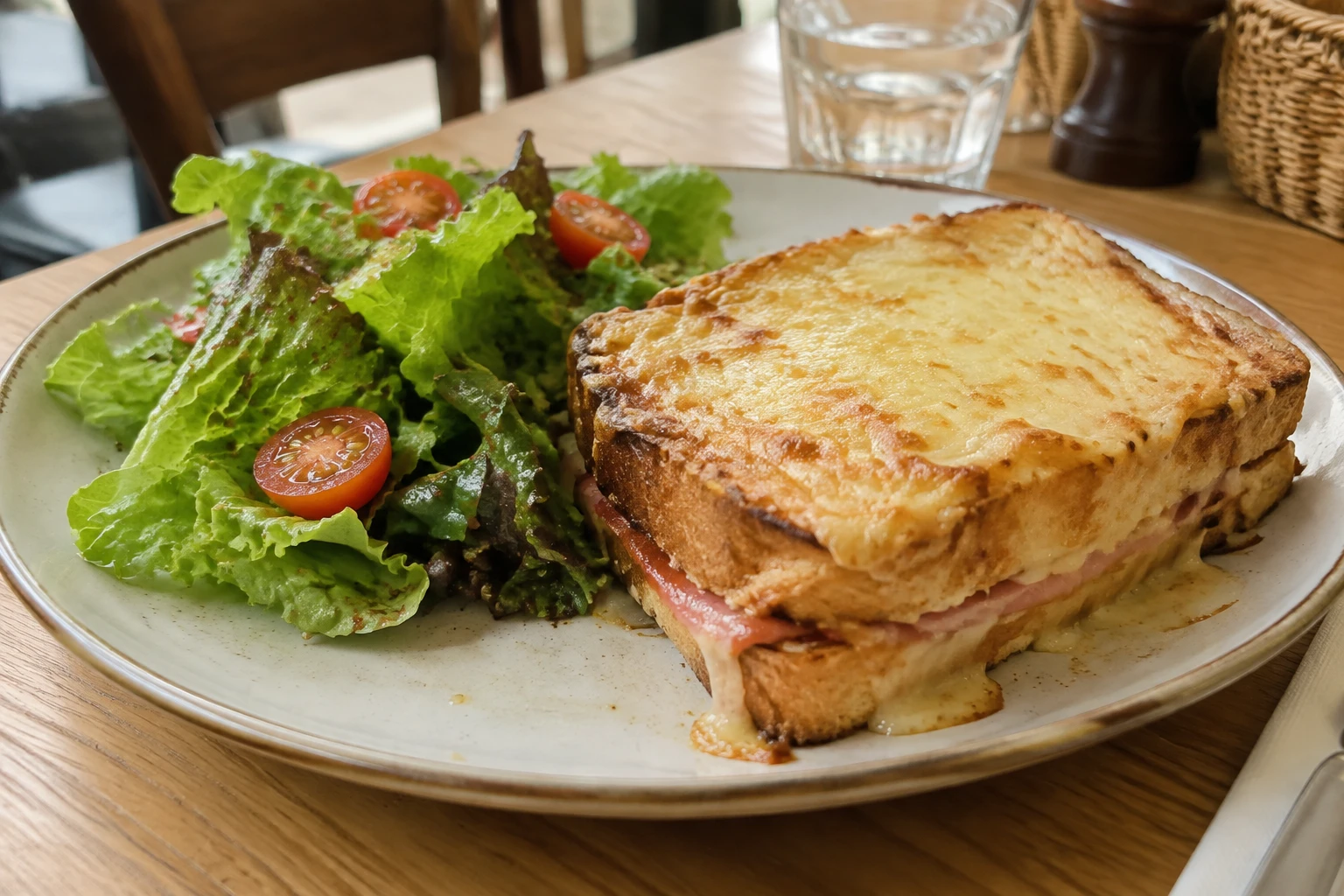 Croque-monsieur doré accompagné d'une salade verte et de tomates cerises sur assiette en céramique