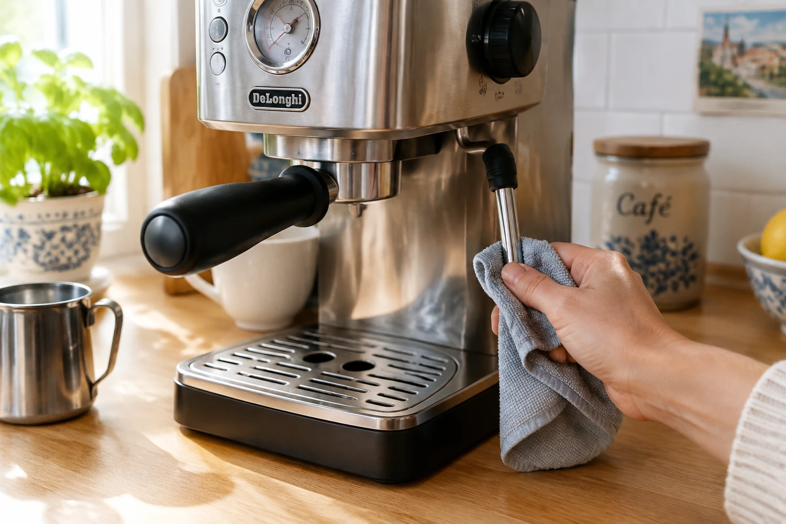 Machine à café Silvercrest sur un plan de travail pendant un nettoyage de la buse vapeur