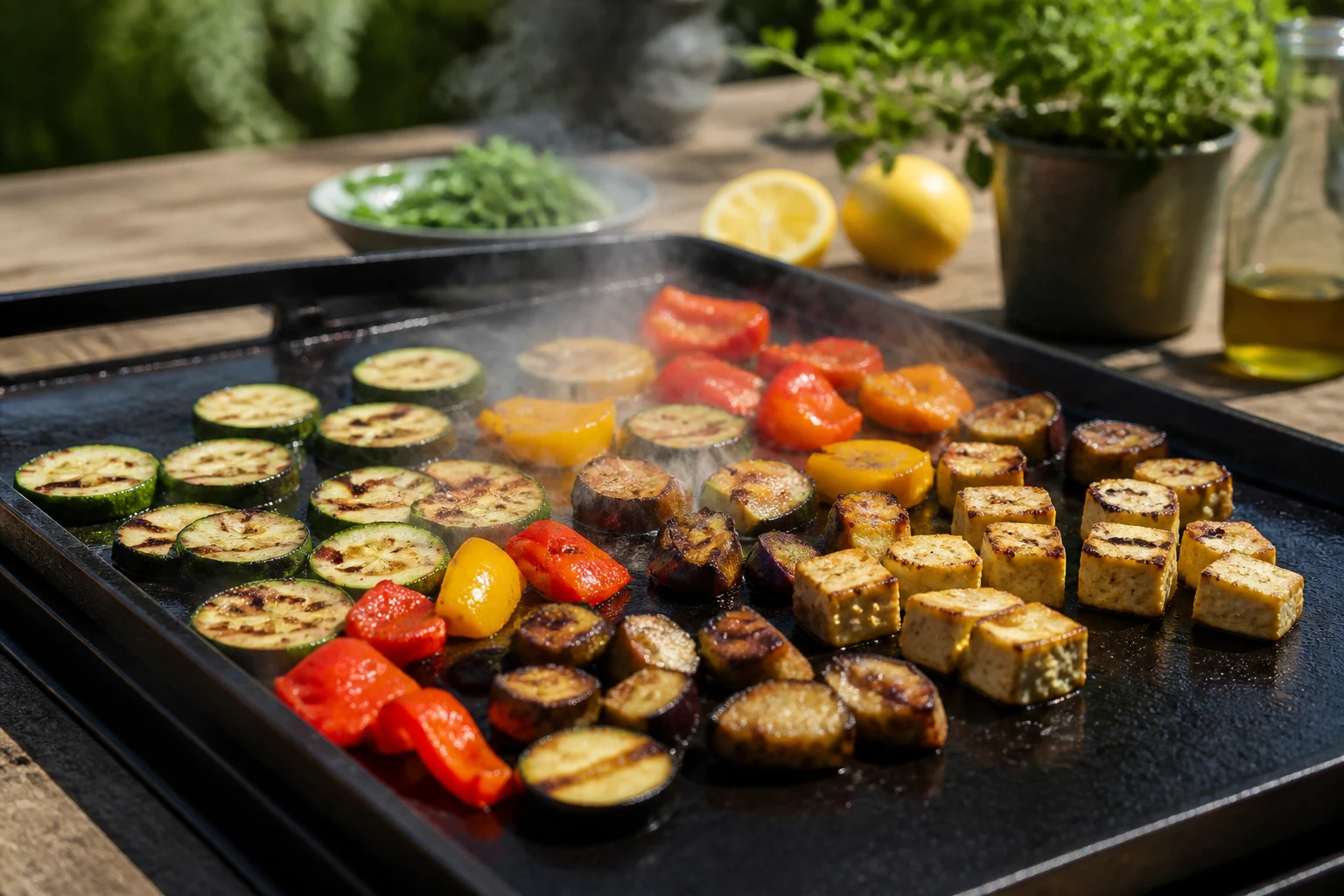 Légumes et tofu grillant sur une plancha en fonte lors d'un repas végétarien d'été