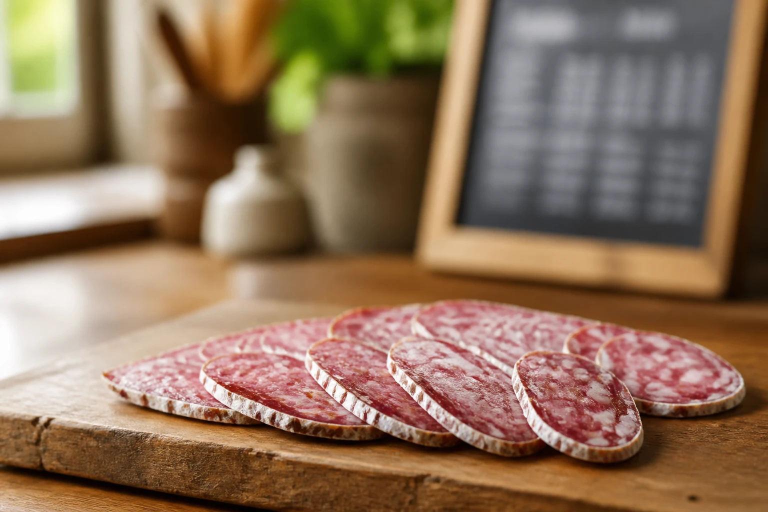 Tranches de saucisson maigre sur planche en bois avec étiquette nutritionnelle en arrière-plan