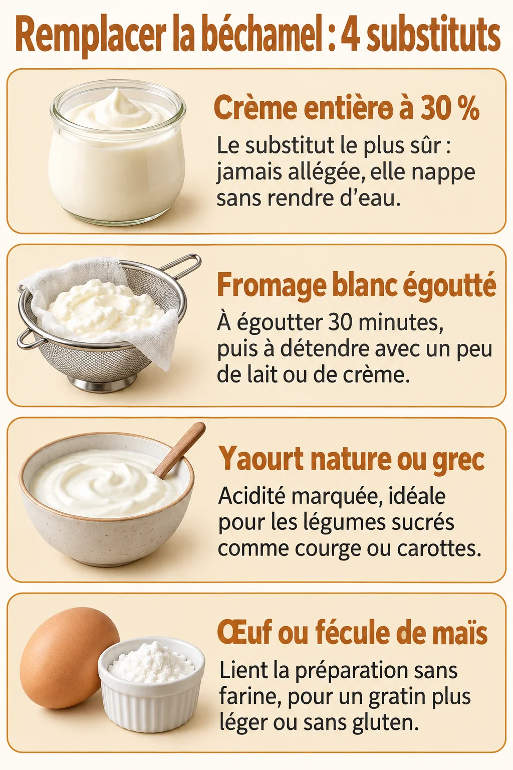 Remplacer la béchamel : 4 substituts : Crème entière à 30 %, Fromage blanc égoutté, Yaourt nature ou grec, Œuf ou fécule de maïs