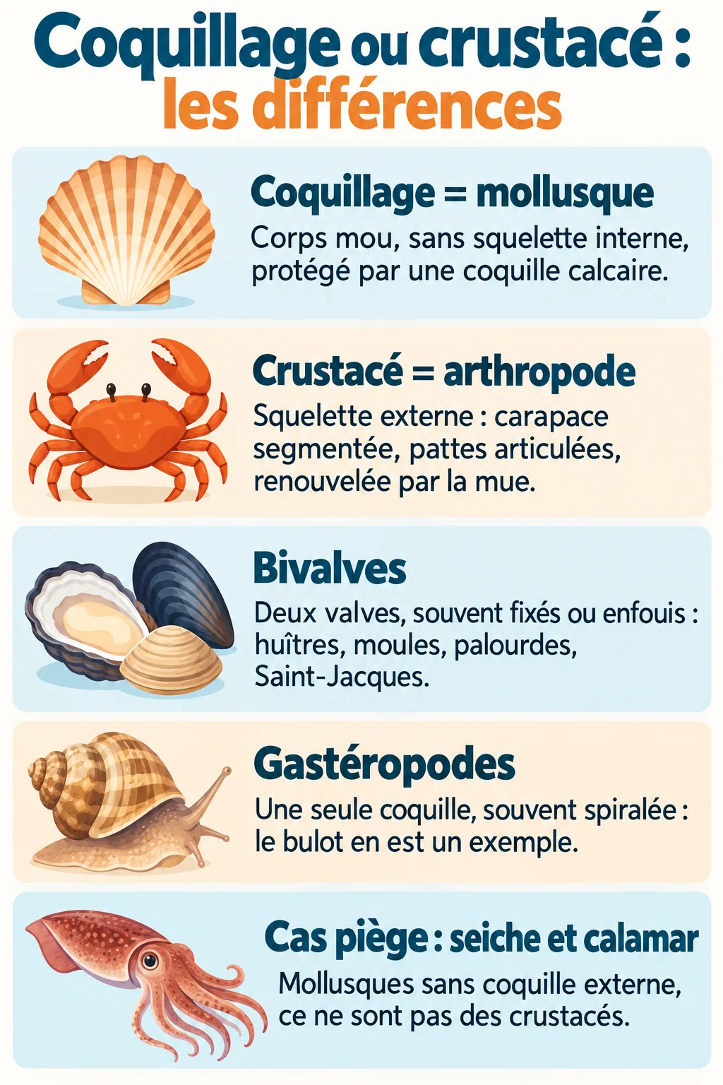Coquillage ou crustacé : les différences : Coquillage = mollusque, Crustacé = arthropode, Bivalves, Gastéropodes, Cas piège : seiche et calamar