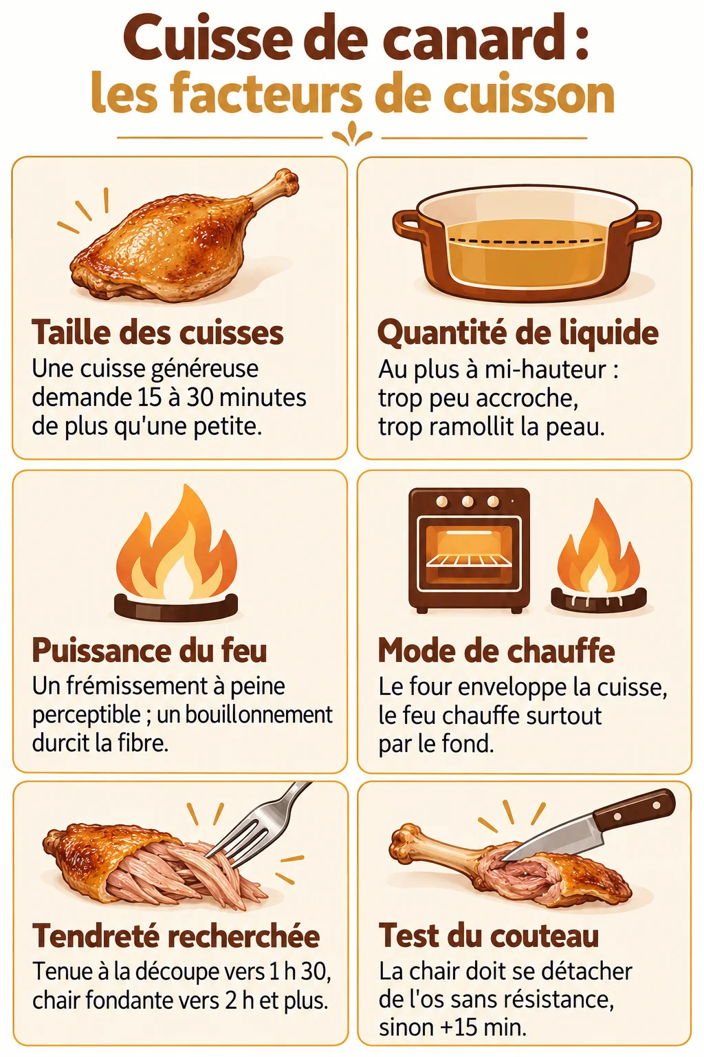 Cuisse de canard : les facteurs de cuisson : Taille des cuisses, Quantité de liquide, Puissance du feu, Mode de chauffe, Tendreté recherchée, Test du couteau