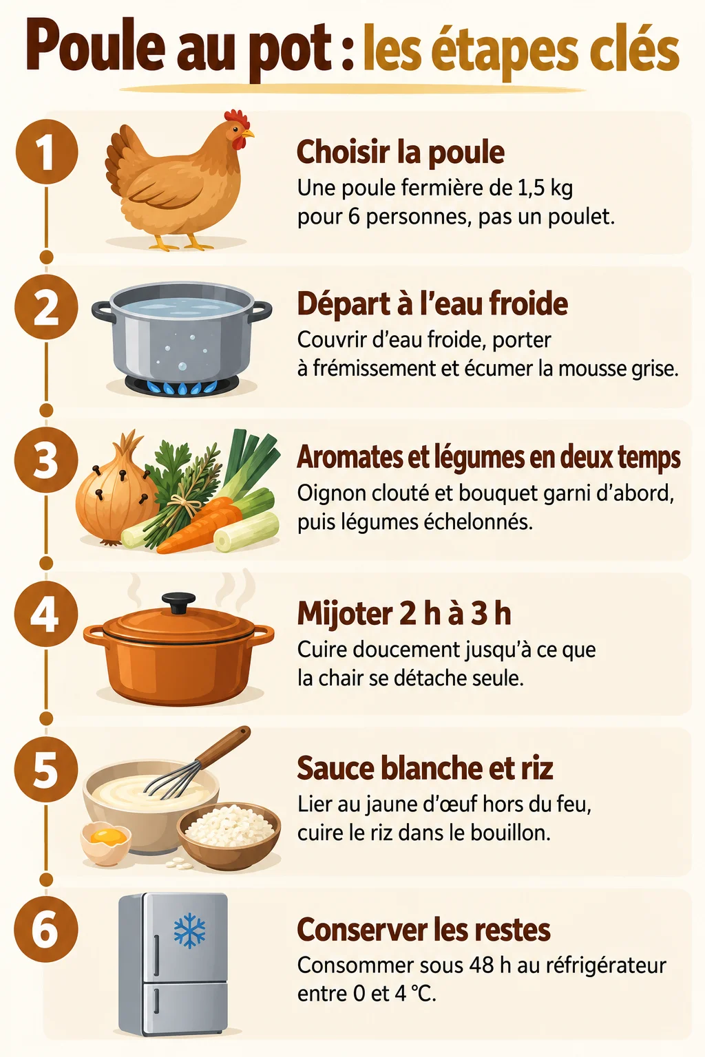 Poule au pot : les étapes clés : 1. Choisir la poule, 2. Départ à l'eau froide, 3. Aromates et légumes en deux temps, 4. Mijoter 2 h à 3 h, 5. Sauce blanche et riz, 6. Conserver les restes